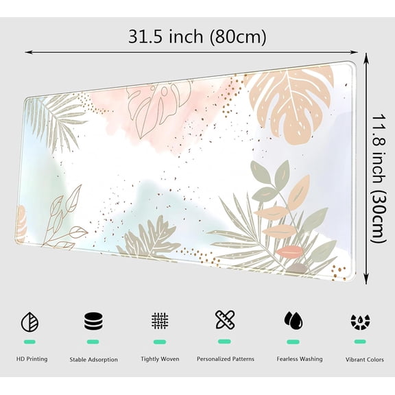 ASIASN-Pastel Boho Leaf Desk Mat Aesthetic Gaming Mouse Pad XL Large Extended Desk Pad Anime Desk Matt for Desktop, Laptop Computer Keyboard and Mouse Mat for Women Office Decor Accessories 31.5x11.8