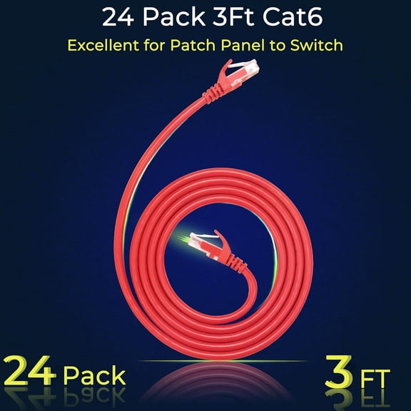 ASIASN-Patch Cables Cat6 3ft (24 Pack), Ethernet Patch Cable 10G Support, Cat 6 Patch Cable for Patch Panel to Switch, Flexiable Cat 6 Ethernet Cable with Gold Plated Red