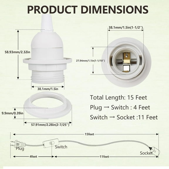 ASIASN-Pendant Light Cord - 15 Feet Hanging Light Bulb with Plug in Cord - 2 Pack Lamp Cord E26 Light Socket with Wire White Extension Chandelier Lantern Cable with On/Off Switch (No Bulb Included)