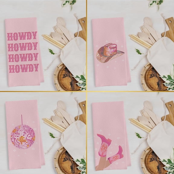 ASIASN-Pink Cowgirl Kitchen Towels Set - Pink Western Cowgirl Dish Towels, Western Kitchen Bathroom Decor, Preppy Y2k Howdy Disco Ball Hand Tea Towels (1624 Inches Set of 4)