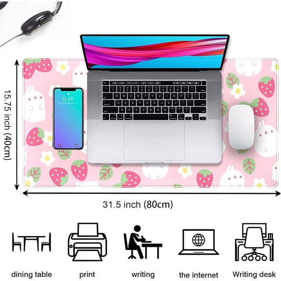 ASIASN-Pink Kawaii Desk Mat, Strawberry Field Desk Pad Large, Extended Mouse Pad Cute, XXL Laptop Computer Keyboard Mat Desktop Mouse Mat, Gaming Computer Pad Women Desk Decor Accessories 31.5"x15.75