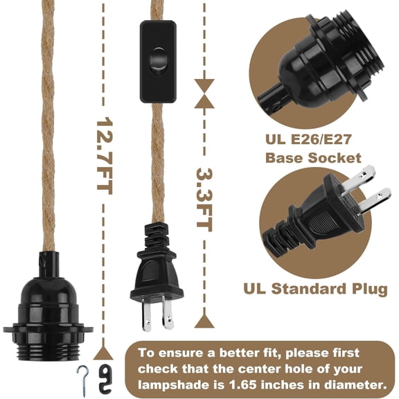ASIASN-Plug in Hanging Light Cord Kit - 16Ft Pendant Hemp Rope E26 E27 Lamp Socket Lantern Bulb Cord with Plug, On/Off Switch for Vintage Farmhouse Lighting, 2 Pack