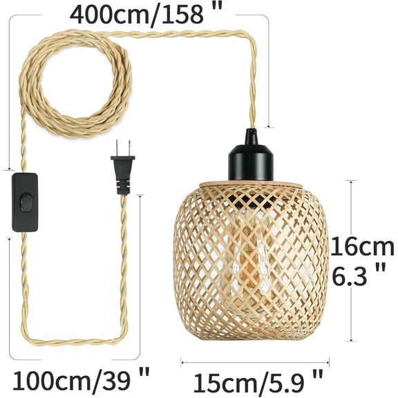 ASIASN-Plug in Pendant Light Bamboo Hanging Lamps 16.7ft Plug in Cord Pendant Light Fixture Plug Into Wall Outlet Pendant Lighting with On Off Switch Boho Lamp with Egg Shade for Bedroom, Kitchen,Din