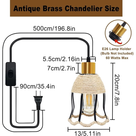 ASIASN-Plug in Pendant Light, Vintage Handing Light with 14.7ft Cord, E26 Socket Pendant lamp Cord with Switch, Metal Antique Brass Handing Lamp Shade, DIY Hanging Lamp Plug in (No Bulb)