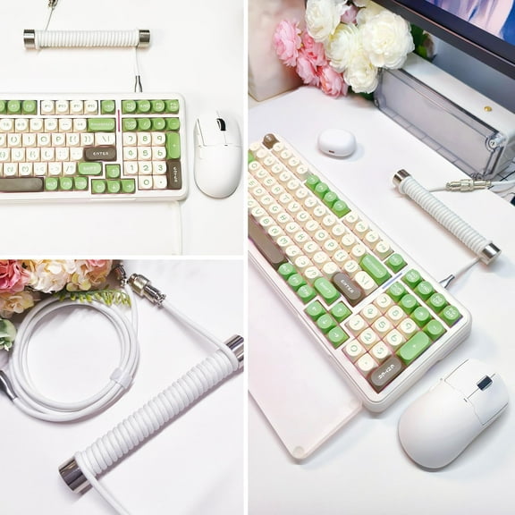 ASIASN-Pro Custom Coiled 1.8M USB C Cable for Gaming Keyboard, Double-Sleeved Mechanical Keyboard Cable with Detachable Metal Aviator, White