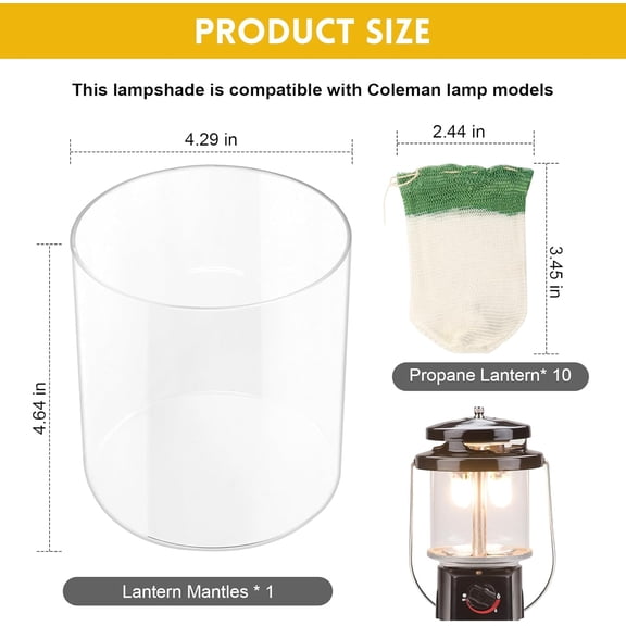 ASIASN-Propane Lantern Mantles with Lantern Globe Replacement Set Compatible with Coleman Kerosene Lanterns, Camp Lamp Mantle Suitable for Outdoor Camping Propane Lantern - 10 Pack