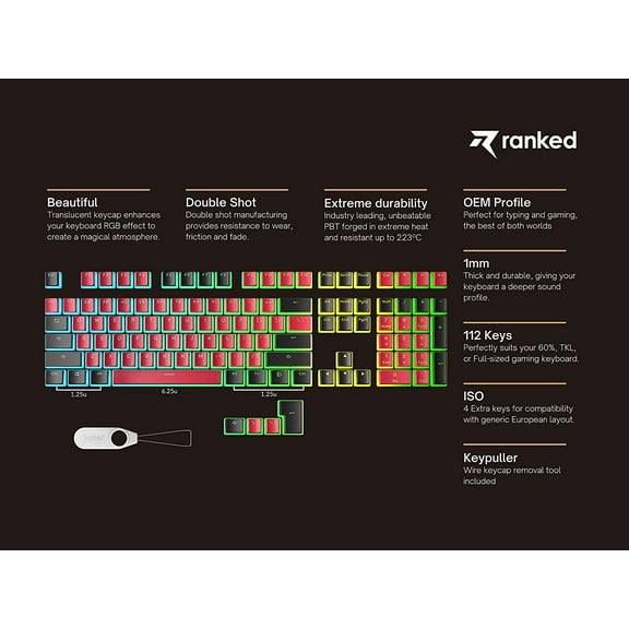 ASIASN-Pudding PBT Keycaps | 112 Double Shot Translucent ANSI US & ISO Layout | OEM Profile for RGB Mechanical Gaming Keyboard (Red & Black)