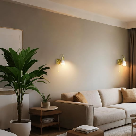 ASIASN-Pull Chain Wall Sconce Gold Small Vintage Wall Light Fixture with Switch Hardwired Retro Metal Sconces Lights E26 for Bedroom Hallway, No Bulb