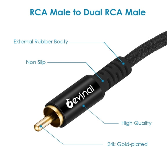 ASIASN-RCA Y Cable, RCA/Phono Y Splitter, RCA 1 Male to 2 Male Y Adapter, Male/Male Subwoofer Cable Gold Plated for subs/amps/Hi-Fis/Home Theater/receivers 16.5Feet/5M
