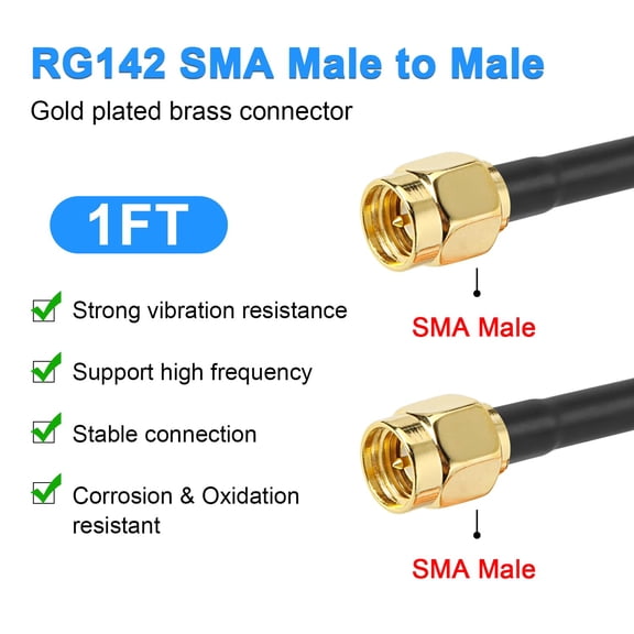 ASIASN-RG142 SMA Male to SMA Male Coaxial Cable 1FT 2PCS 50 ohm Ultra Low Loss Antenna Extension for 3G/4G/5G/LTE Network Equipment, GPS, RF Radio
