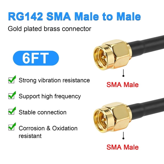 ASIASN-RG142 SMA Male to SMA Male Coaxial Cable 6FT 50 ohm Ultra Low Loss Antenna Extension for 3G/4G/5G/LTE Network Equipment, GPS, RF Radio