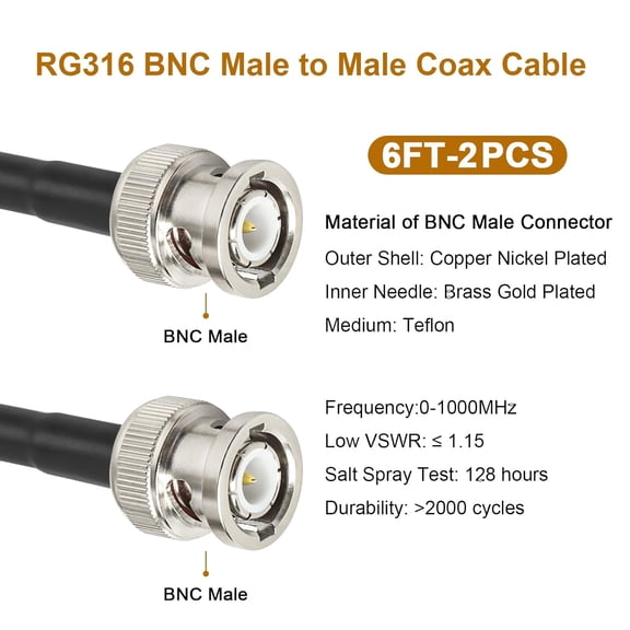 ASIASN-RG316 BNC Male to Male Cable - 2PCS 6FT BNC Cable 50 Ohm for Ham Radio, Network Analyzer, Modem, Oscilloscope, Signal Generator, Attenuator etc.
