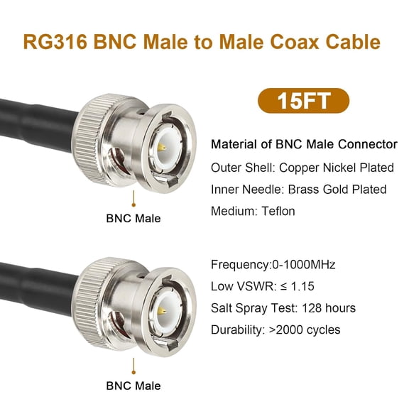 ASIASN-RG316 BNC Male to Male Cable - 15FT BNC Cable 50 Ohm for Ham Radio, Network Analyzer, Modem, Oscilloscope, Signal Generator, Attenuator etc.
