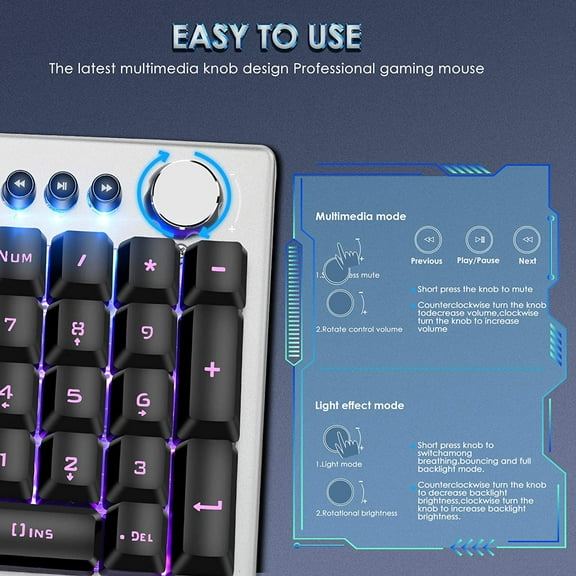 ASIASN-RGB Backlit Gaming Keyboard with Mouse Combo and Mouse pad, Multimedia Keyboard Knob,Mechanical Feel USB Wired Keyboard for Windows PC, Silvery White (10209)
