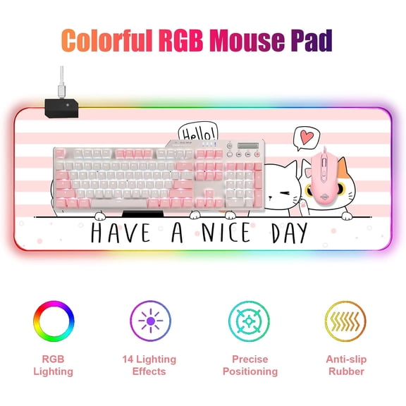 ASIASN-RGB Large Gaming Mouse Pad, Extended Mouse Pad with 12 Lighting Effects, Water Proof Mutispandex Surface, Non-Slip Rubber Base, 80x30 cm / 31.511.8 in (Cat)