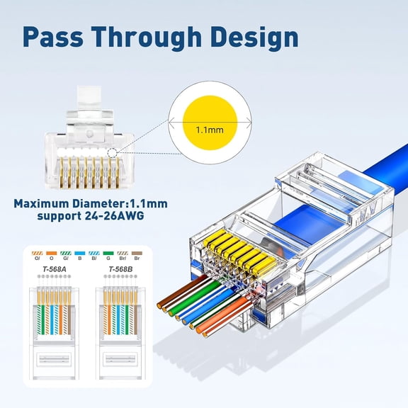 ASIASN-RJ45 Cat 6 Connectors, 200-Pack Cat6 Pass Through Connectors Ethernet Cable Connector Cat 6 Ends RJ45 Modular Plugs for Solid or Stranded UTP Cable