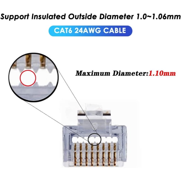 ASIASN-RJ45 Cat6 Connectors - Pass Through Connector Gold Plated 3 Prong 8P8C Modular Plugs -50Pack