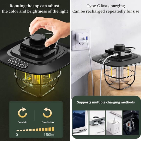 ASIASN-Rechargeable LED Outdoor Camping Light, Multifunctional Portable Horse Light, Rotating Adjustable Brightness and Lighting, Warm White Yellow Light and Amber.