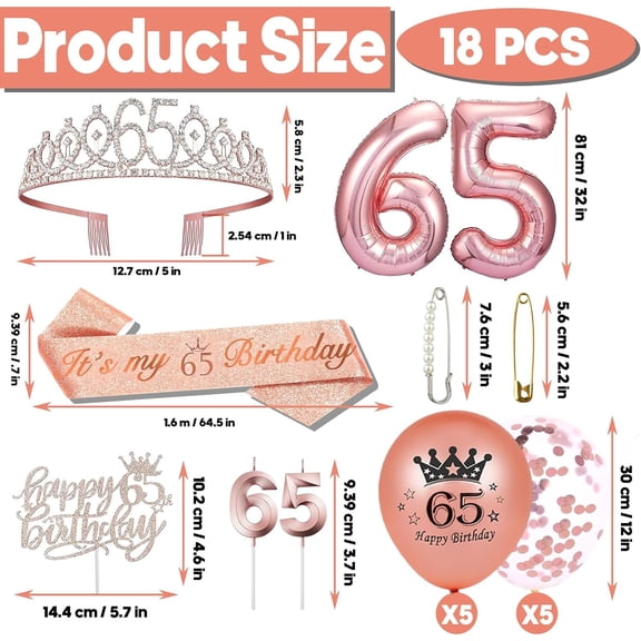 ASIASN-Rose Gold 65th Birthday Set - Sash, Crown, Cake Topper, Balloons, Pin & Candle Set