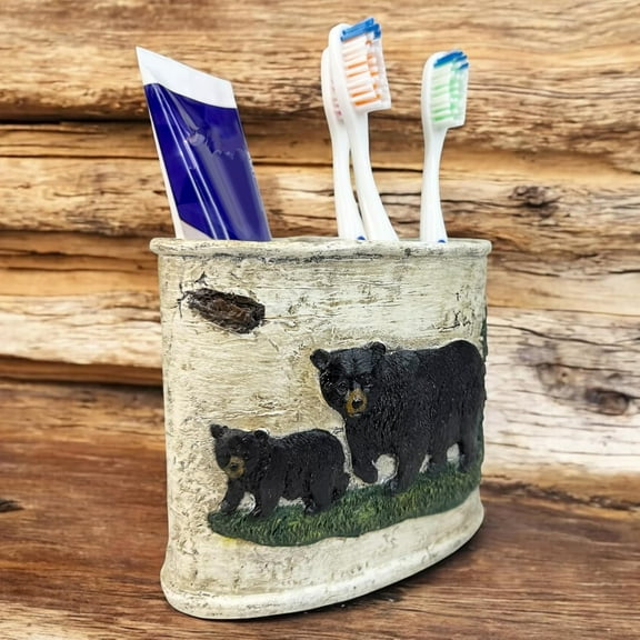 ASIASN-Rustic Black Bear and Cub Toothbrush and Toothpaste Holder  Lodge Bathroom Organizer Made of Durable Resin  Wildlife Cabin Decor with Divided Compartments