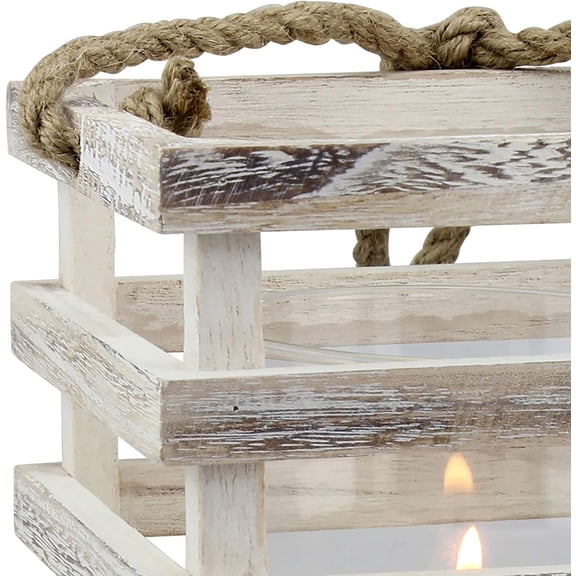 ASIASN-SB-5080B Worn White Wooden Beach House Candle Lantern with Rope Handle and Removable Glass Cylinder Hurricane, MEDIUM