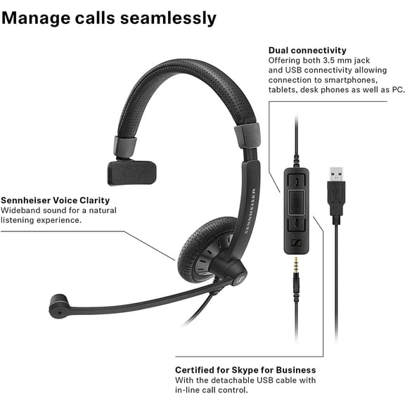 ASIASN-SC 45 USB MS (507083) - Single-Sided Business Headset | For Skype for Business, Mobile Phone, Tablet, Softphone, and PC | HD Sound & Noise-Cancelling Microphone (Black)