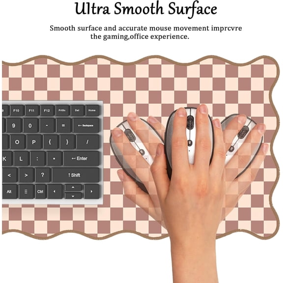 ASIASN-Scalloped Desk Mat Extended Large Cute Mouse Pad Big Desk Pad XXL Aesthetic Kawaii Plaid Mousepad Checkered Mouse Pad for Keyboard Computer Laptop Home Office Accessories Girl 31.5X15.7Inch Br