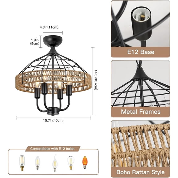 ASIASN-Semi Flush Mount Ceiling Light,Rattan Ceiling Light Fixtures 4 Light Hand-Woven Boho Light Fixtures Ceiling Mount for Bedroom Hallway Kitchen Entry.