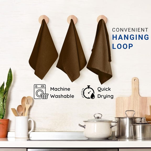 ASIASN-Set of 6 100% Cotton Solid Kitchen Towels with Hanging Loop (16 X 26 inches) | Ultra Absorbent Dobby Waffle Weave Washcloth | Reusable, Machine Washable Hand Towels - Brown
