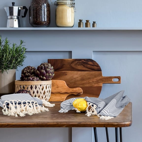 ASIASN-Set of 6 100% Cotton Turkish Kitchen Towels with Hanging Loop & Tassels (18" X 28") | Ultra Washcloth with Fringes | Reusable Hand Towels - Navy Blue