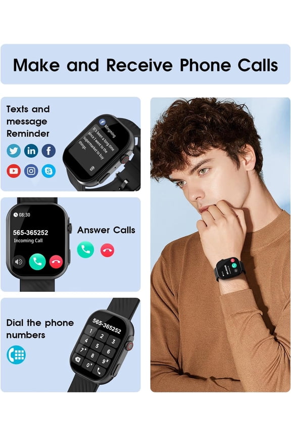 -Smart Watch for Men Women (Answer/Make Calls), 2.0" Fitness Tracker with 100+ Sport Modes, Heart Rate/Sleep Monitor, Pedometer, SpO2, IP68 Waterproof Smart Watch for Android iOS Phones
