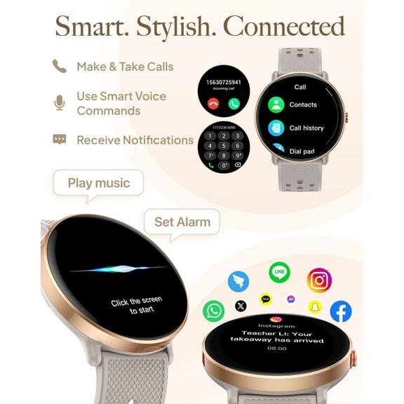 ASIASN-Smart Watch for Women Men, for Android iOS with Sleep Monitor, Pedometer Fitness Tracker, Bluetooth Call, IP68 Waterproof, 112+ Sport Modes Calorie Counter Round Smartwatch (Casual, Gold-Pink,