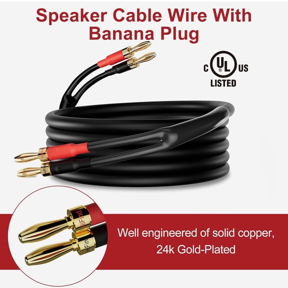 ASIASN-Speaker Cable Wire 15 Ft with Gold-Plated Banana Tip Plugs-UL CL3 Rated-Indoor&Outdoor&in Wall-Flexible-16 AWG Gauge Tinned Copper for Bi-Wire Bi-Amp HiFi Surround Sound-Black
