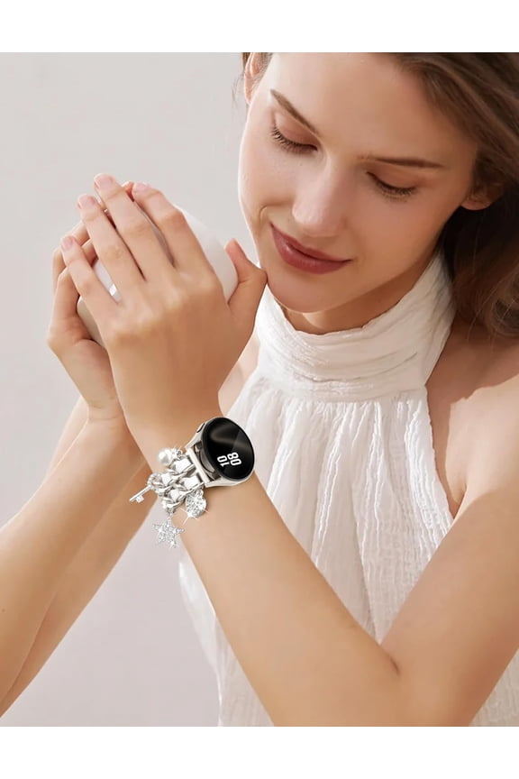 -Starlight Metal Band with Charms Women 20mm Adjustable Double Chain Watch Strap Compatible with Samsung Galaxy Watch 7/6/5/4/Active 2/4 6 Classic/5 Pro/FE 40mm 42mm 43mm 44mm 45mm 46mm 47mm