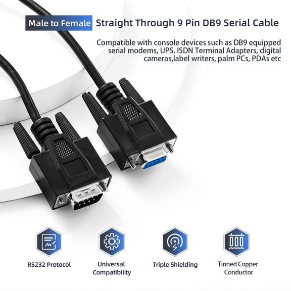 ASIASN-Straight Through DB9 RS232 Serial Cable, 6ft Male to Female 9 Pin Straight Through Extension Cable