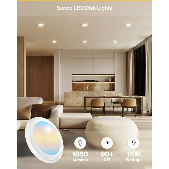 ASIASN-Sunco LED Disc Lights Ceiling 6 Inch, Flush Mount Disk Light, Recessed Can Lighting, 1050 LM, 15W (75W Equivalent), Selectable CCT 3000K/4000K/5000K/6000K/6500K, Dimmable, Damp Rated ETL 2 Pac