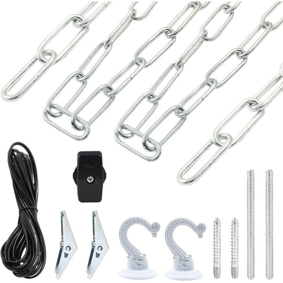 ASIASN-Swag Light Kit with 15 Ft Chandelier Chain, 15 Ft Light Cord, Switch and 2 Swag Hooks, Silver Hanging Lamp Kit for Pendant Light, Ceiling Light and Fan Light