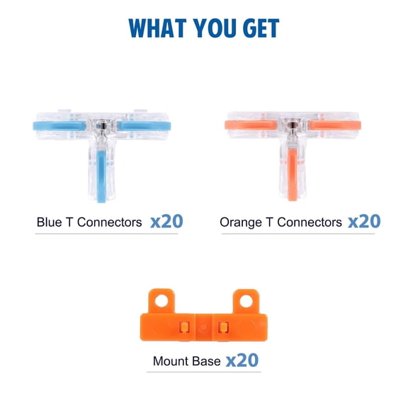 ASIASN-T Tap Connectors for AWG 28-12, Lever Wire Connectors 40 Pack, Pushin 3 Way T Connectors for Wiring, 20 Mount Bases Included