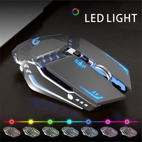 ASIASN-T12 Wireless Gaming Mouse Rechargeable, 2.4G Silent Optical Wireless Computer Mice with Changeable LED Light for Laptop PC, 7 Buttons, 3 Adjustable DPI (Grey)