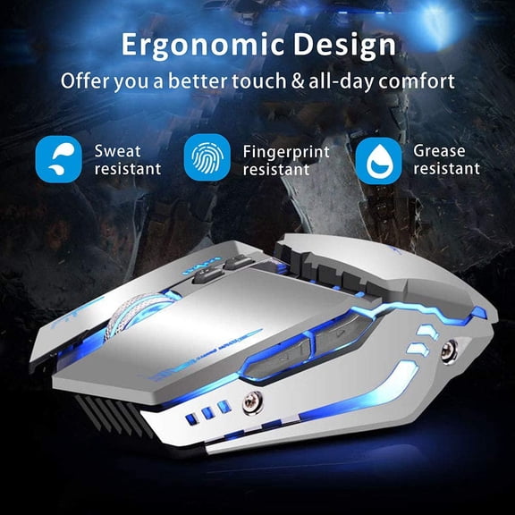 ASIASN-T12 Wireless Gaming Mouse Rechargeable, 2.4G Silent Optical Wireless Computer Mice with Changeable LED Light for Laptop PC, 7 Buttons, 3 Adjustable DPI (Silver)