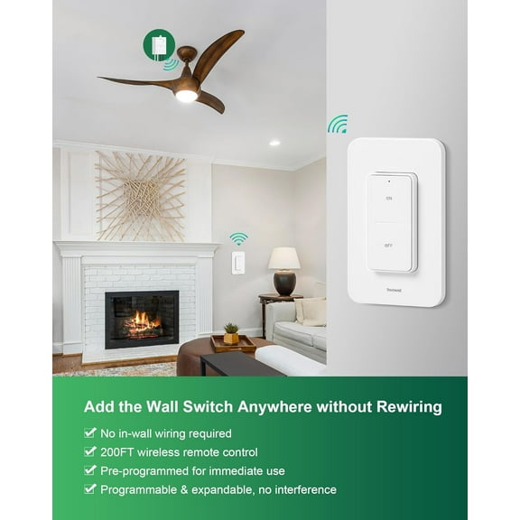 ASIASN-TREEWELL 3 Way Wireless Light Switch and Receiver Kit, 200FT RF Range Remote Control Light Switch, No Rewiring, No Interference, Wireless Wall Switches for Ceiling Light, Fans, Lamps, Pre-Prog