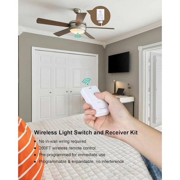ASIASN-TREEWELL Wireless Light Switch and Receiver Kit, 15A High Power, 200FT Remote Control Light Switch, No Rewiring, No Interference, Programmable & Expandable for Ceiling Light, Fan, Lamp