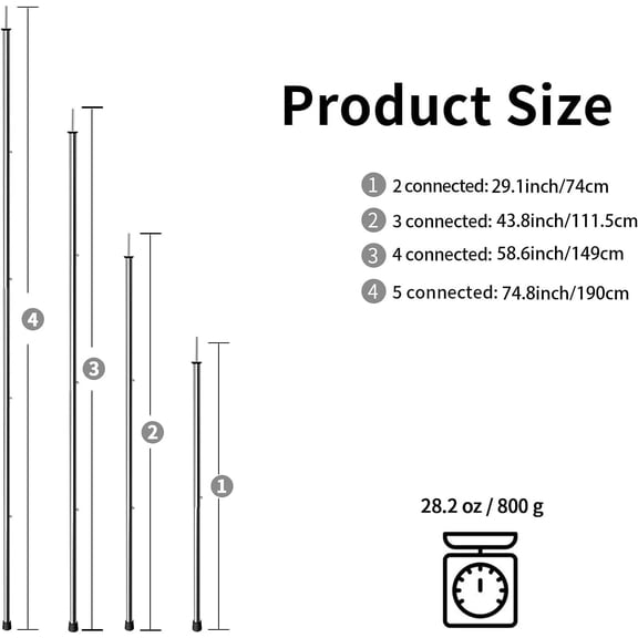ASIASN-Telescoping Tent Poles Adjustable Tarp Poles Camping Stainless Steel Lightweight Tent Poles for Trap Sun Sails Canopy Awning Shelter Backpacking Hiking 78 in Set of 2