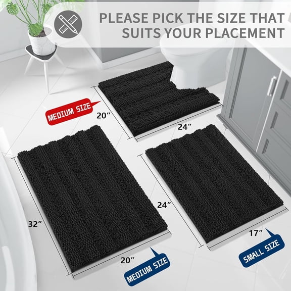 ASIASN-Toilet Rugs U Shaped Washable 24 x 20, Non Slip and Super Absorbent Toilet Mat, Quick Dry, Ultra Luxury Microfiber Chenille Plush Fluffy Contour Bath Rugs for Toilet Base, Black