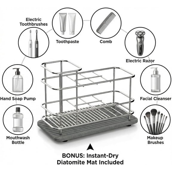 ASIASN-Toothbrush Holder for Bathroom Countertop, Stainless Steel Electric Toothbrush Organizer with Quick-Drying Diatomite Stone Mat, Rustproof Vanity Caddy for Toothpaste and Razors, Grey