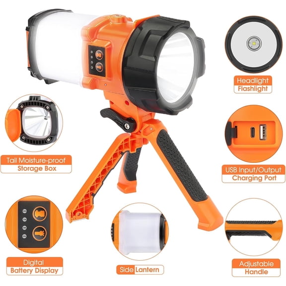 ASIASN-Tripod Rechargeable Camping Lantern, 6 Modes LED Flashlight Handheld Spotlight with 4000LM, IPX4 Waterproof Searchlight Work Light for Emergency Hiking Survival Kit - Orange