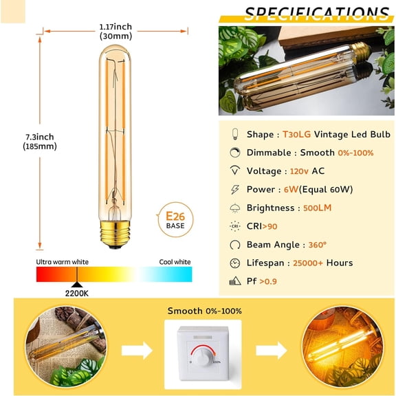 ASIASN-Tubular Light Bulb 7.3 Inch Dimmable T10 LED Bulb E26 6W 60 Watts Edison Bulbs Amber 2200K Warm White,185mm Long for Wall Sconces, Pendant, Livingroom, 4-Pack