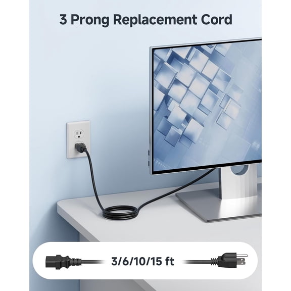 ASIASN-[UL Listed] 2-Pack 16 AWG 3 Prong Computer Power Cord - 6ft, 13A Monitor Power Cord Replacement, AC Cable, NEMA 5-15P to IEC C13, Black