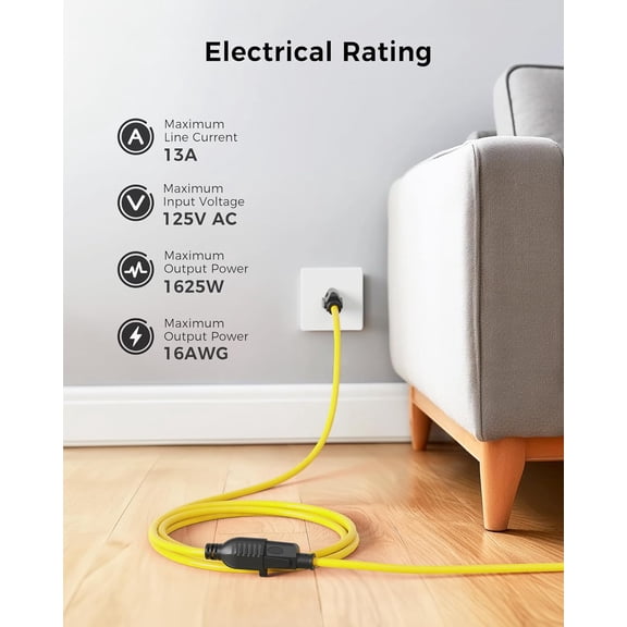 ASIASN-[UL Listed] 2-Pack 16 AWG Heavy Duty 13A Power Extension Cord - 10ft, 3 Prong Power Cord Extension, NEMA 5-15P to NEMA 5-15R, Yellow