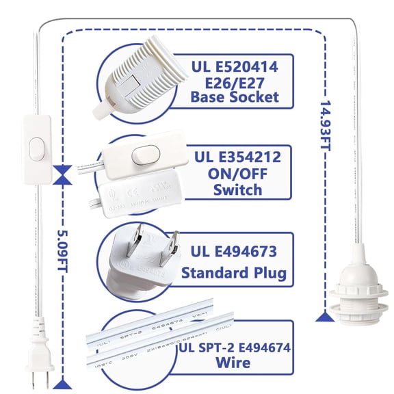 ASIASN-UL Listed 20Ft Hanging Lamp Cord, 360W Pendant Light Kit with E26 E27 Socket & On/Off Switch, White Plug in Extension Cable for Lantern, Bedroom, Porch 1 Pack